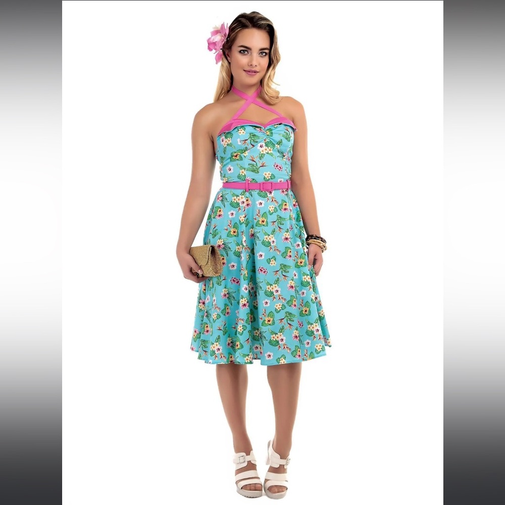 Collectif Women's 1950's Paradise Ginger Wing Bust Dress Aqua Turquoise & Pink
